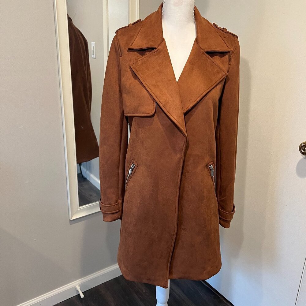 NWT Magaschoni Brown Faux Suede Open Front Long Jacket, Size Large